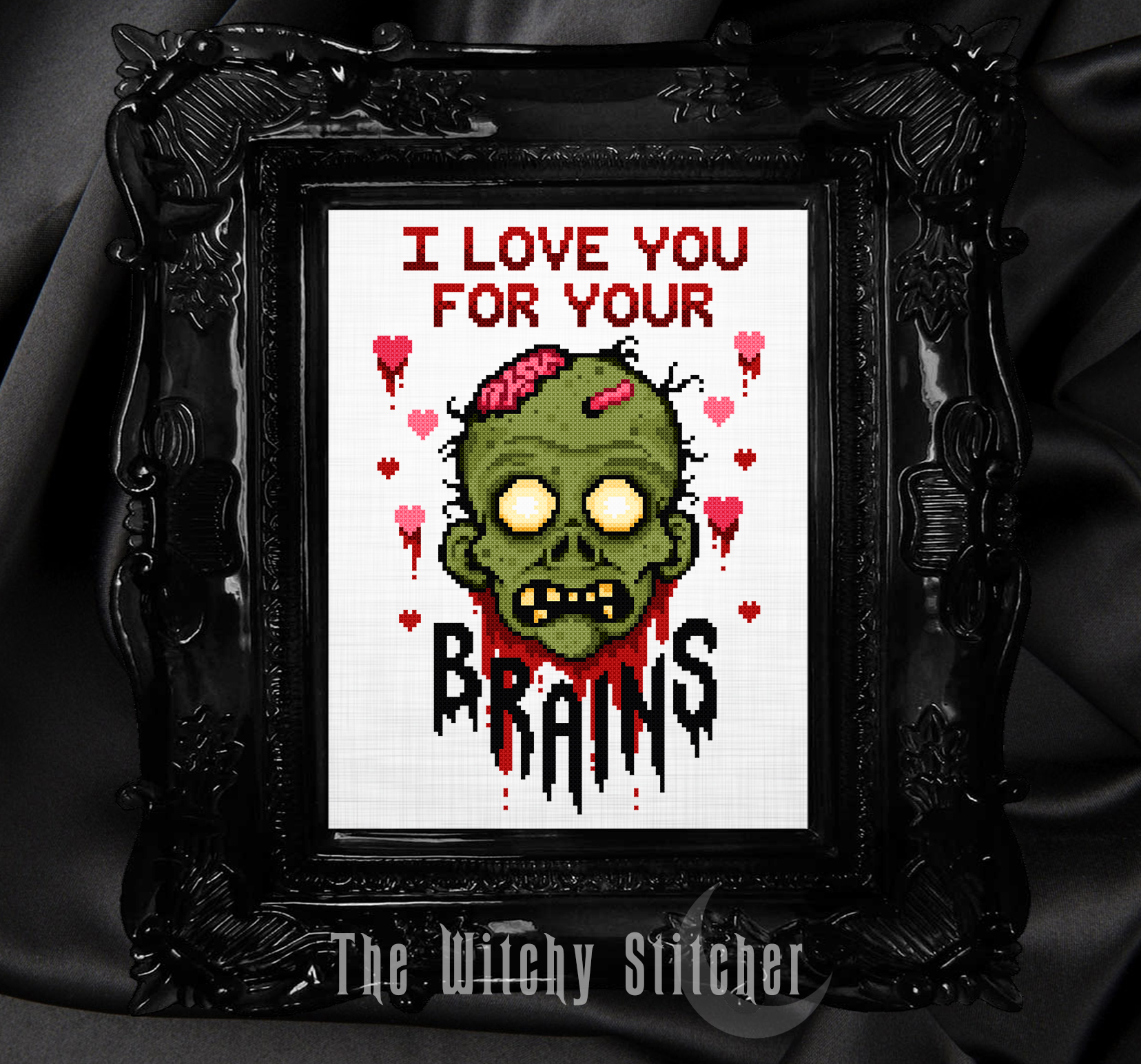 I Love You For Your Brains Zombie - Cross Stitch Pattern, zoomed in. Select this picture to zoom back out.