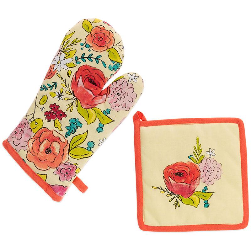 Flower Party Oven Mitt and Pot Holder, zoomed in. Select this picture to zoom back out.