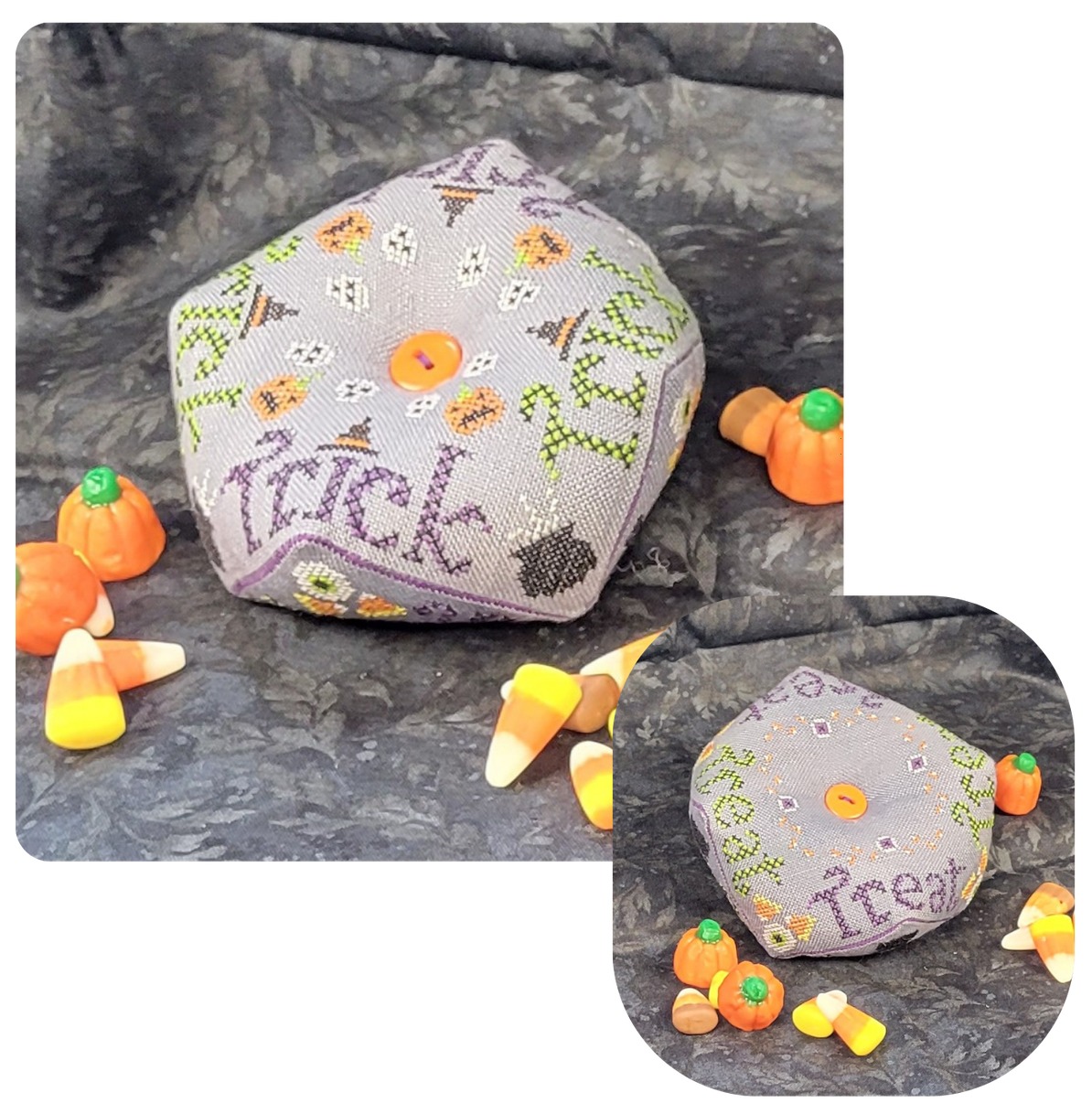 Trick or Treat Biscornu - Halloween Cross Stitch Pattern, zoomed in. Select this picture to zoom back out.