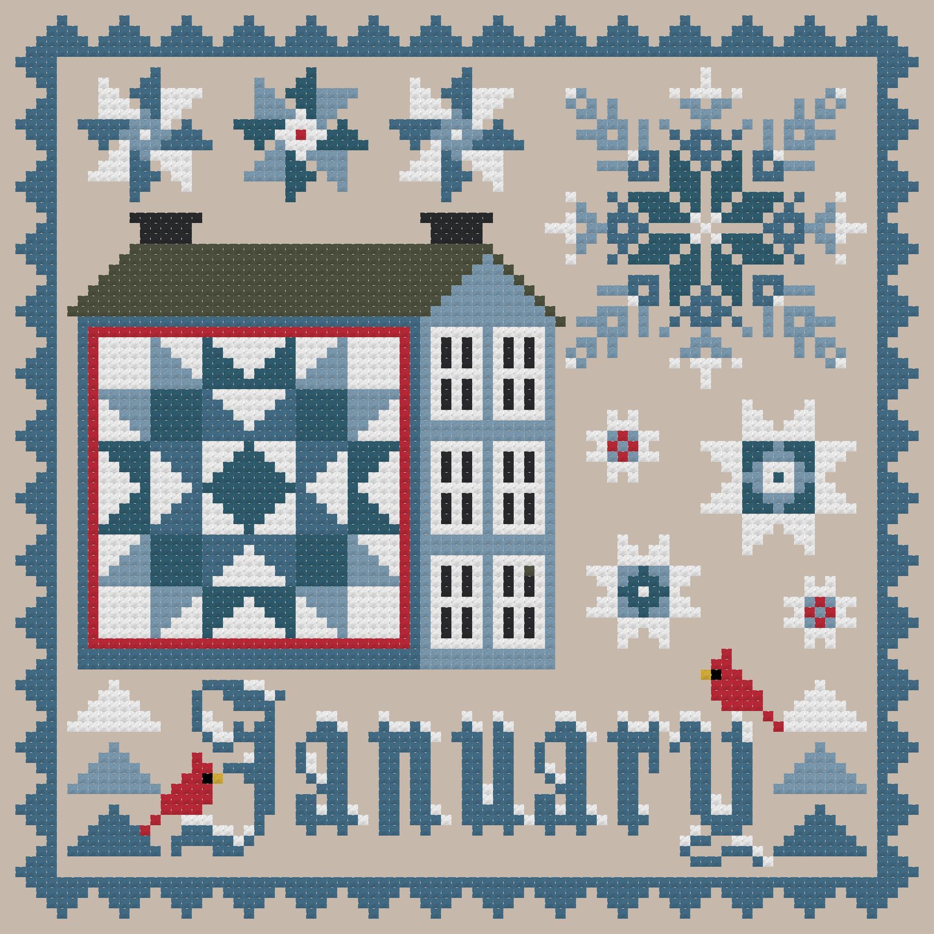 January - Patchwork Saltbox Series - Cross Stitch Pattern