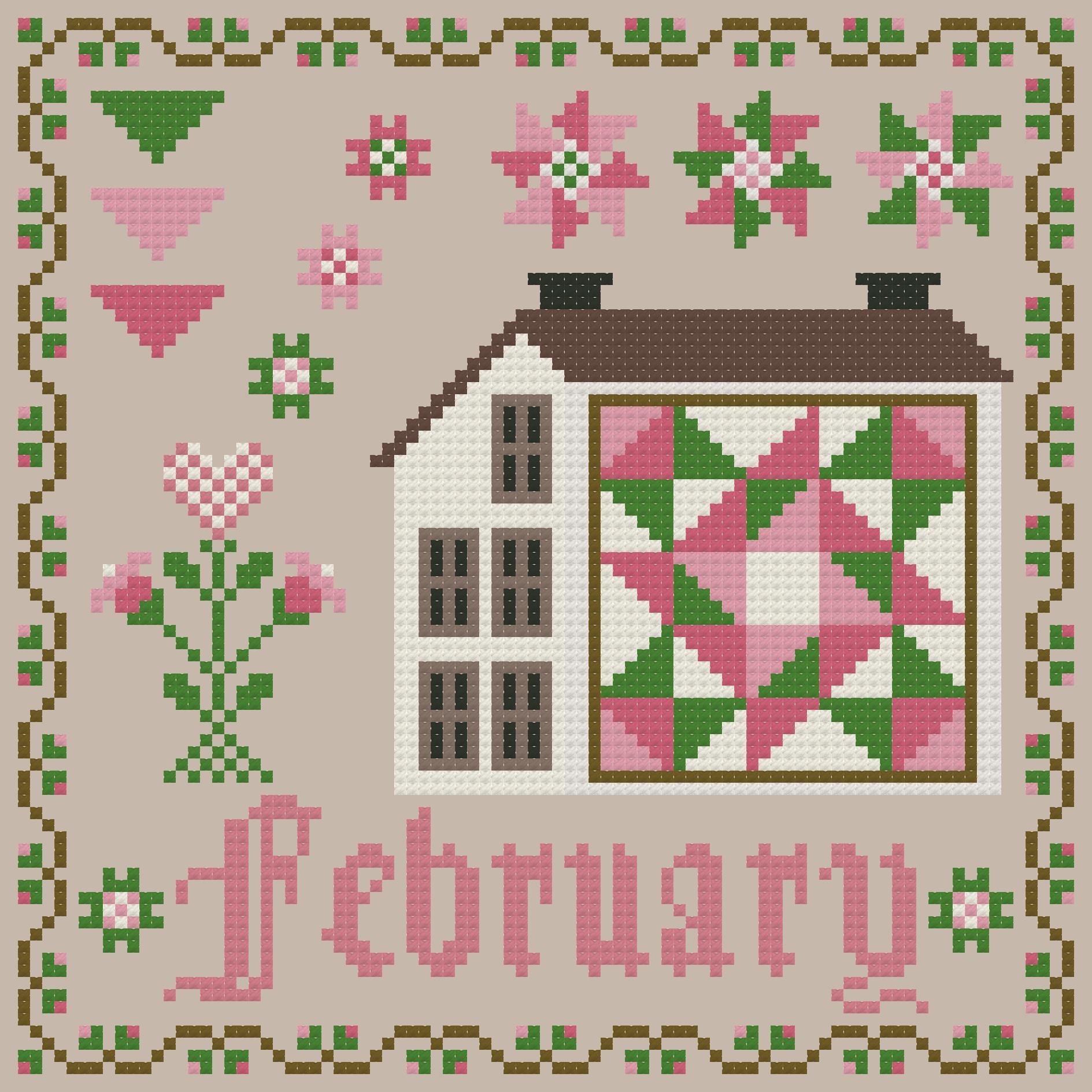 February - Patchwork Saltbox Series - Cross Stitch Pattern