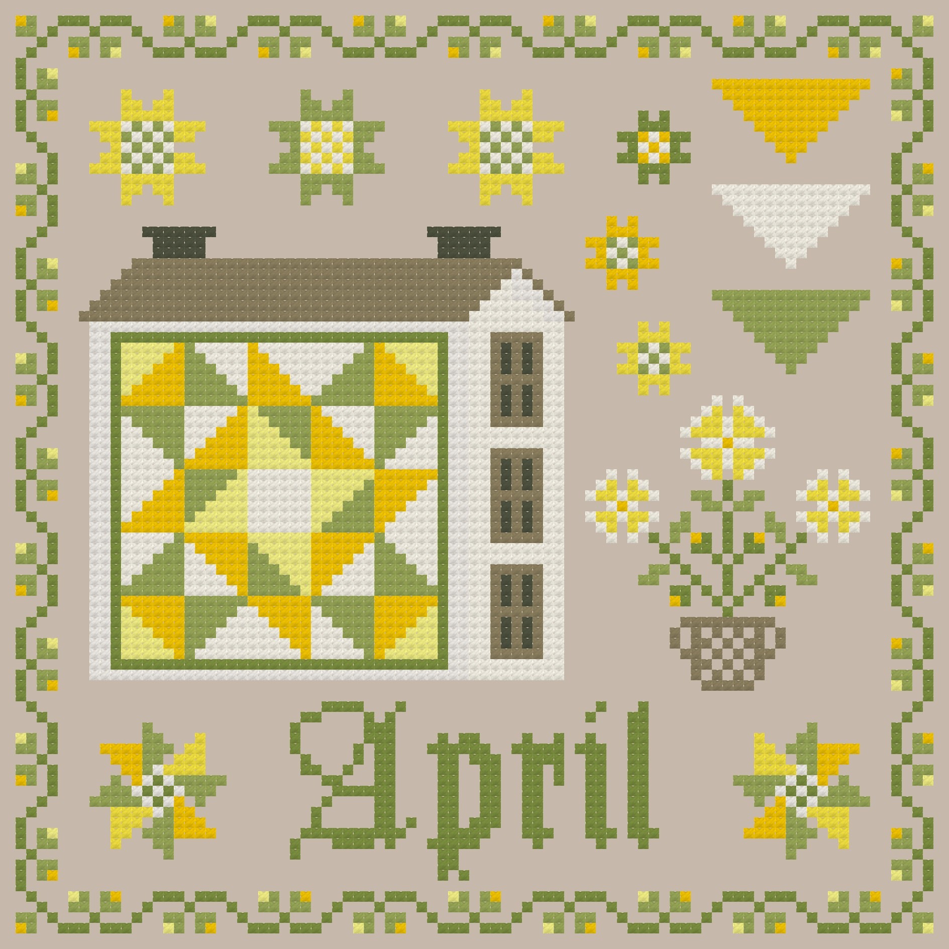 April - Patchwork Saltbox Series - Cross Stitch Pattern